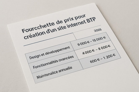 Fourchette de prix création site internet BTP, tableau explicatif des coûts 2025