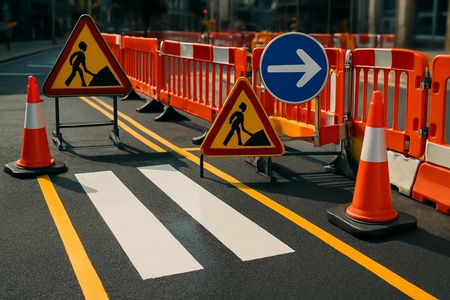 Signalisation temporaire de chantier : marquage au sol, panneaux et séparation des flux piétons-engins