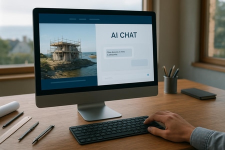 chatbot IA pour support client BTP en Normandie intégré à un site web d’entreprise du bâtiment